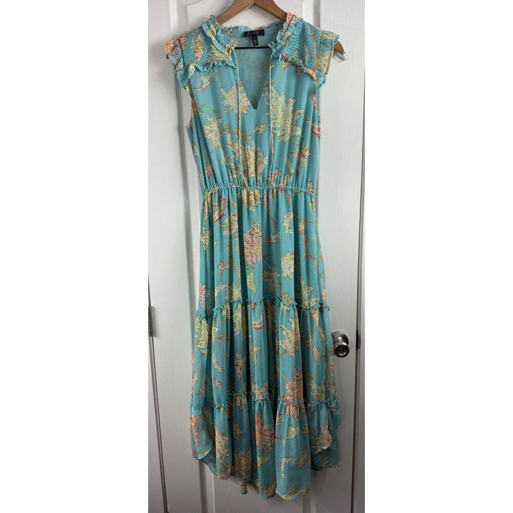 Jessica Simpson Katie Women’s S Aqua Floral Tiered Maxi Dress Ruffle V Neck